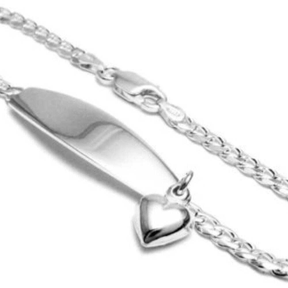 CLASSIC STERLING SILVER ENGRAVED CUBAN LINK I.D BRACELET DANGLING HEART - 8 INCH